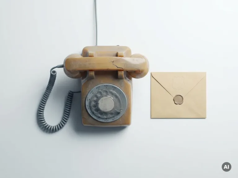Verouderde bureautelefoon met gebarsten behuizing naast een verzegelde officiële envelop op wit oppervlak.