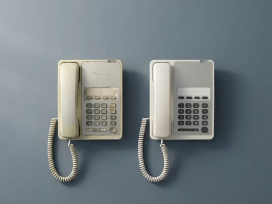 Verouderde zakelijke bureautelefoon naast gerenoveerd identiek model op grijze ondergrond, natuurlijk zijlicht benadrukt slijtage en vernieuwing.