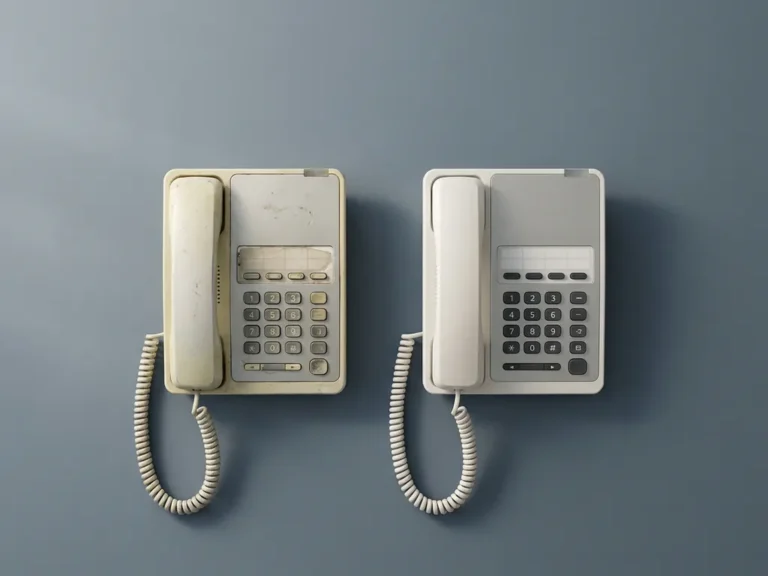 Verouderde zakelijke bureautelefoon naast gerenoveerd identiek model op grijze ondergrond, natuurlijk zijlicht benadrukt slijtage en vernieuwing.