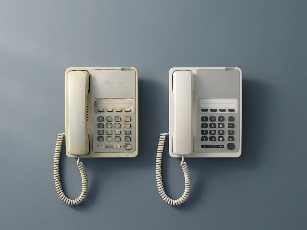 Verouderde zakelijke bureautelefoon naast gerenoveerd identiek model op grijze ondergrond, natuurlijk zijlicht benadrukt slijtage en vernieuwing.