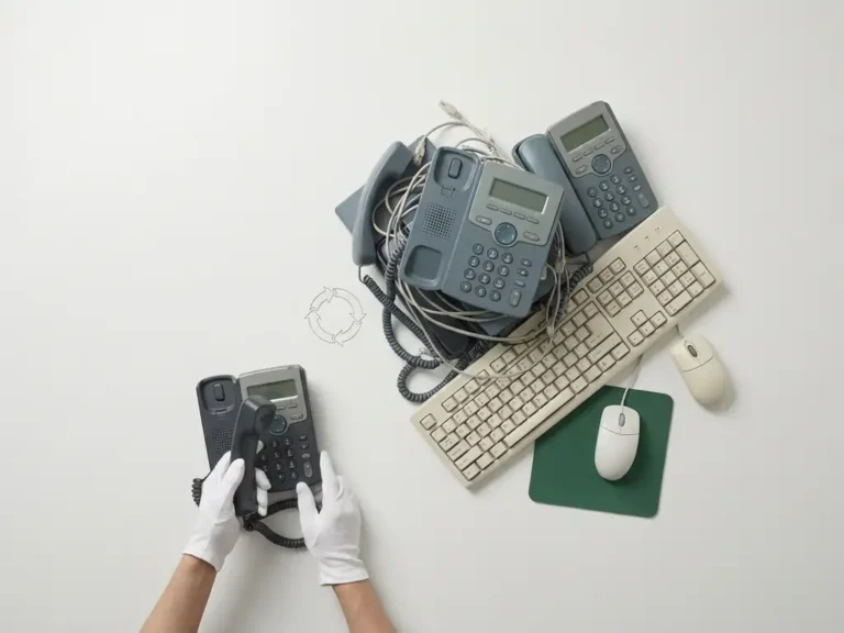 Gehandschoende handen inspecteren gestapelde afgedankte kantoortelefoons en IT-apparatuur op wit oppervlak met recyclingmotief.