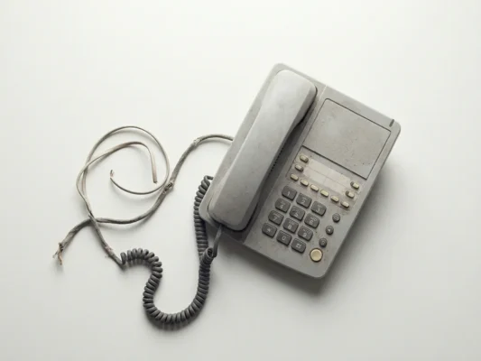 Verouderde kantoortelefoon met gerafeld snoer en stoflaag op wit oppervlak, bovenaanzicht.