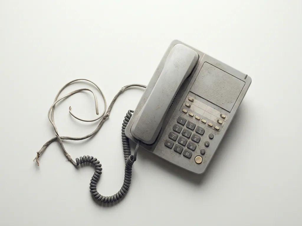 Verouderde kantoortelefoon met gerafeld snoer en stoflaag op wit oppervlak, bovenaanzicht.