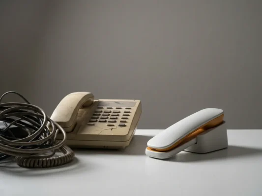 Verouderde bureautelefoon met gebarsten behuizing en verwarde kabels naast een strak gereviseerd modern telecomtoestel op wit bureau.