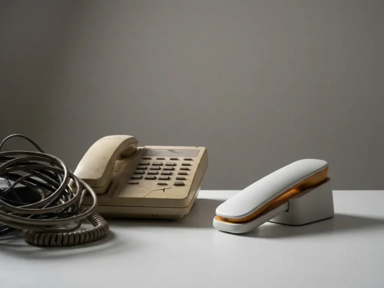 Verouderde bureautelefoon met gebarsten behuizing en verwarde kabels naast een strak gereviseerd modern telecomtoestel op wit bureau.
