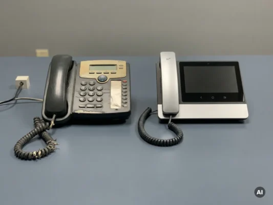 Verouderde kantoortelefoon met gerafelde kabel naast een modern vervangend toestel op een grijze ondergrond.
