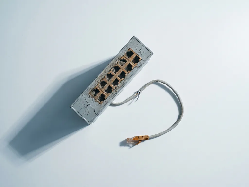 Verouderde netwerkswitch met gecorrodeerde poorten en losse ethernetkabel op wit oppervlak, bovenaanzicht.