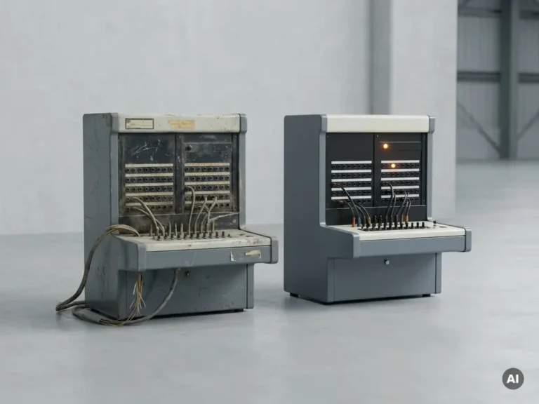 Verouderde telecom schakelkast naast gerefurbisht identiek model op betonnen ondergrond, grijs en ivoor met amber accent.