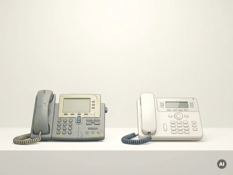 Versleten vergvergeld bureautelefoon naast een gerenoveerd zakelijk toestel op wit oppervlak, oud versus nieuw vergeleken.