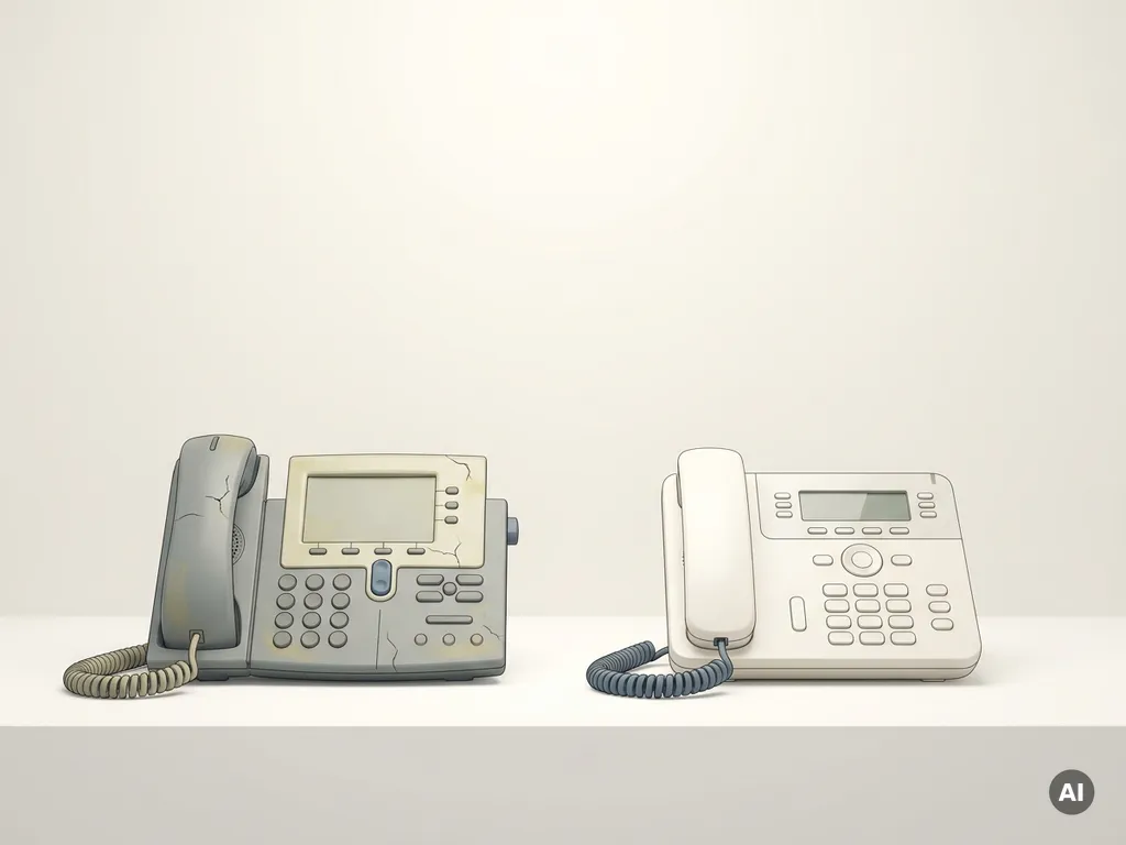 Versleten vergvergeld bureautelefoon naast een gerenoveerd zakelijk toestel op wit oppervlak, oud versus nieuw vergeleken.