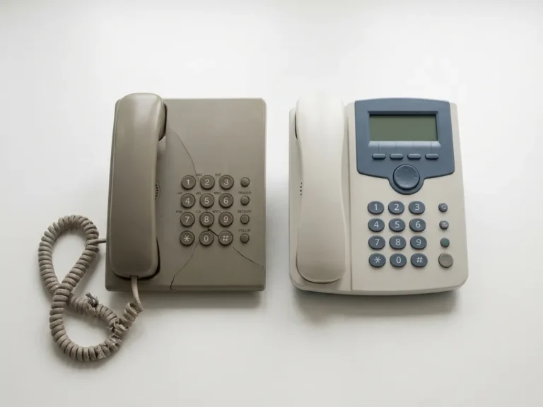 Verouderde kantoortelefoon met gebarsten behuizing en rafelige kabel naast een nieuw vervangend toestel op wit oppervlak.