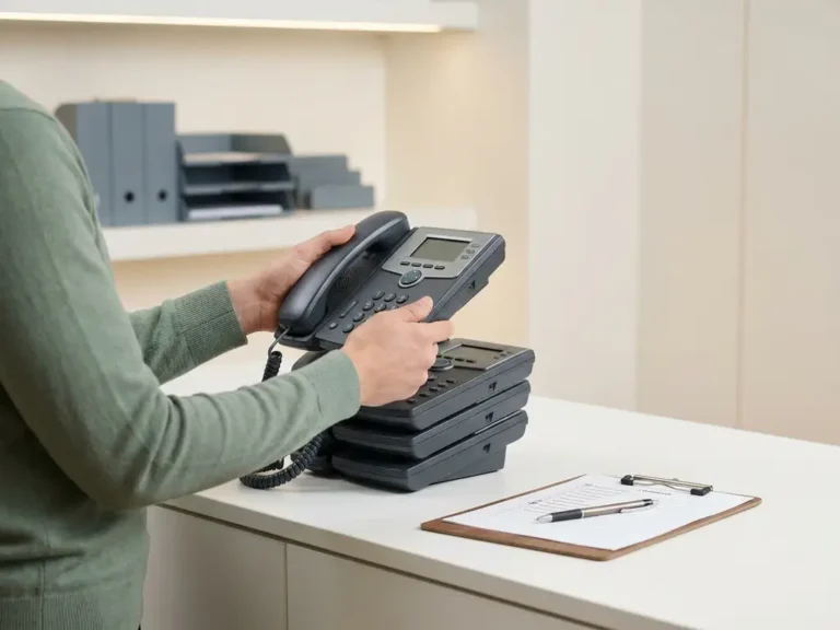 Ondernemer inspecteert een gereviseerde kantoortelefoon uit een stapel telecomapparatuur, met een checklist op klembord ernaast.