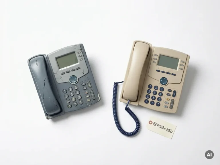 Versleten zakelijke bureautelefoon naast een gereviseerd vervangend toestel op wit oppervlak met prijskaartje.