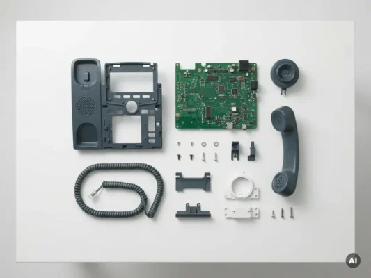 Gedemonteerde kantoortelefoon met printplaat, hoorn en behuizing uitgestald in een minimalistische flat-lay op wit oppervlak.