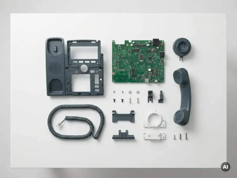 Gedemonteerde kantoortelefoon met printplaat, hoorn en behuizing uitgestald in een minimalistische flat-lay op wit oppervlak.