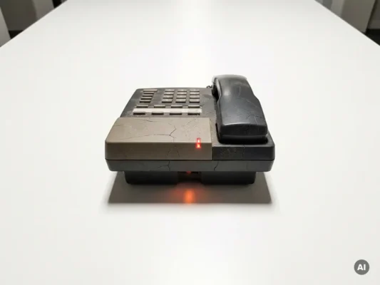 Verouderde kantoortelefoon met haarscheurtjes in het plastic, een rood waarschuwingslampje en strakke schaduwen op wit oppervlak.