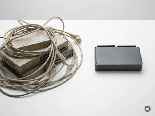 Verouderde netwerkswitches en versleten kabels naast een moderne router op wit oppervlak, contrast tussen legacy en nieuwe netwerktechnologie.