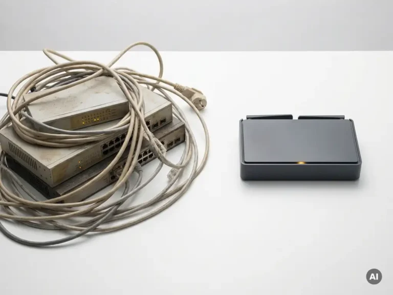 Verouderde netwerkswitches en versleten kabels naast een moderne router op wit oppervlak, contrast tussen legacy en nieuwe netwerktechnologie.