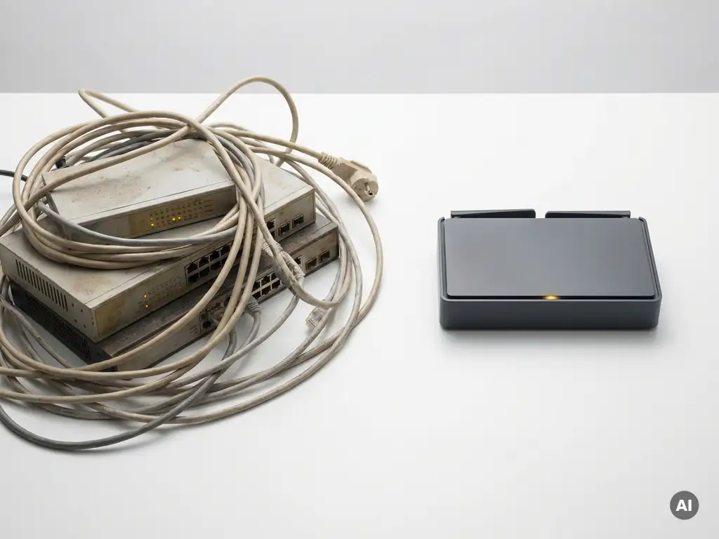 Verouderde netwerkswitches en versleten kabels naast een moderne router op wit oppervlak, contrast tussen legacy en nieuwe netwerktechnologie.