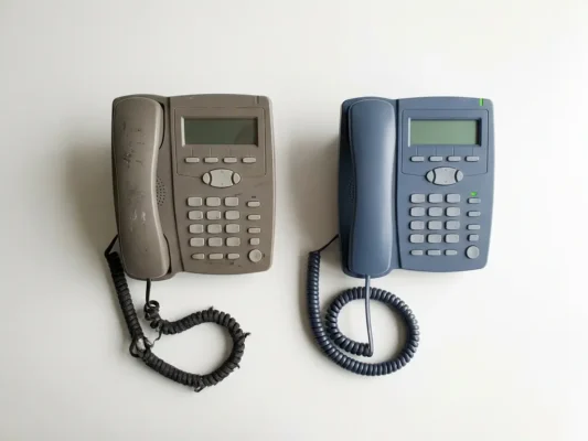 Versleten zakelijke bureautelefoon met gerafelde kabel naast een gerefurbishte vervanger op wit oppervlak.