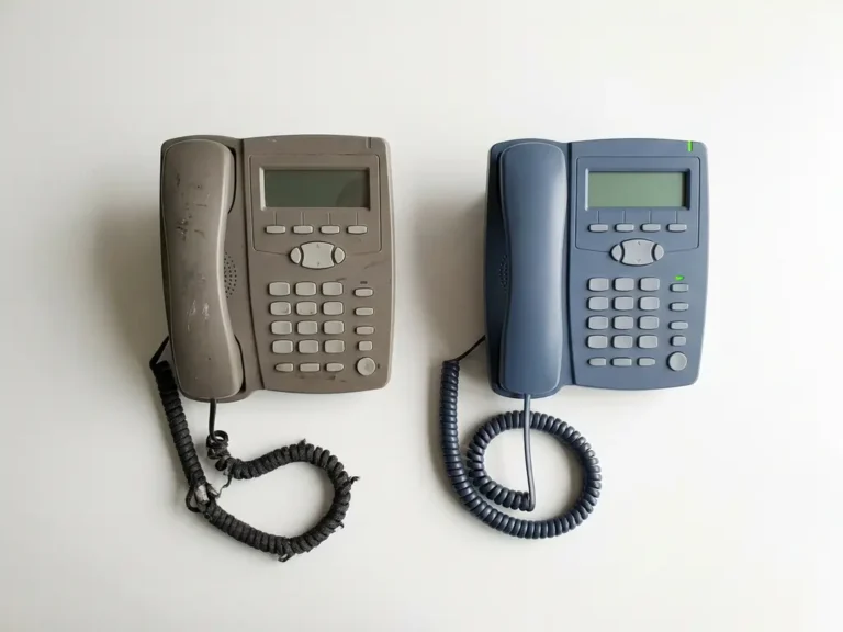 Versleten zakelijke bureautelefoon met gerafelde kabel naast een gerefurbishte vervanger op wit oppervlak.