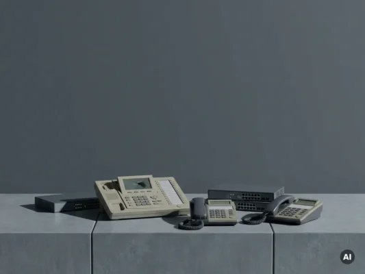 Verouderde kantoortelecommunicatie-apparatuur, waaronder bureautelefoons, een netwerkswitch en een PBX-unit, op een betonnen ondergrond.