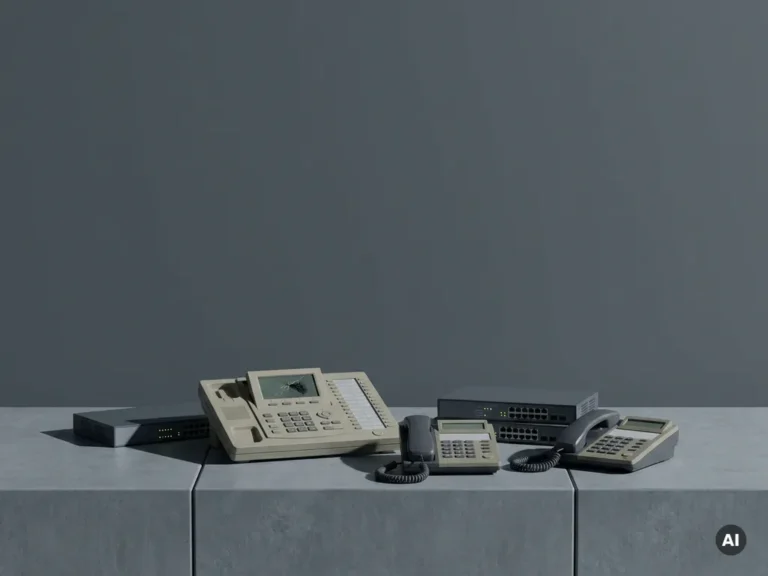 Verouderde kantoortelecommunicatie-apparatuur, waaronder bureautelefoons, een netwerkswitch en een PBX-unit, op een betonnen ondergrond.