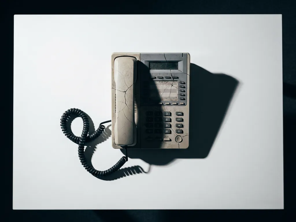 Verouderde kantoortelefoon met haarscheurtjes en losse kabel op wit oppervlak, zijdelings belicht met scherpe schaduwen.