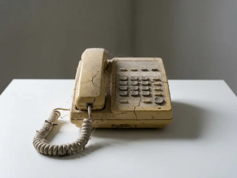 Verouderde kantoortelefoon met gebarsten, vergeel plastic op wit oppervlak, zachte belichting benadrukt slijtage en verwaarlozing.