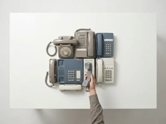 Stapel afgedankte kantoortelefoons en telecomapparatuur op wit oppervlak, één hoorn omhooggehouden, minimalistisch bovenaanzicht.