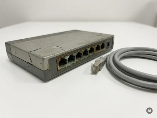 Verouderde netwerkswitch met gecorrodeerde poorten en barsten naast een moderne ethernetkabel op wit oppervlak.