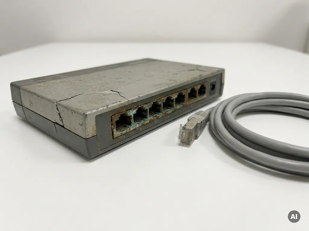 Verouderde netwerkswitch met gecorrodeerde poorten en barsten naast een moderne ethernetkabel op wit oppervlak.