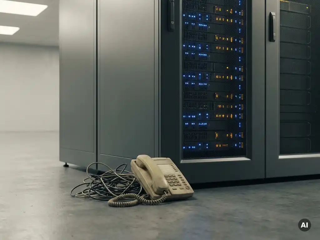 Verouderde beige bureautelefoon met verwarde kabels blokkeert de toegang tot een modern serverrek op betonnen vloer.