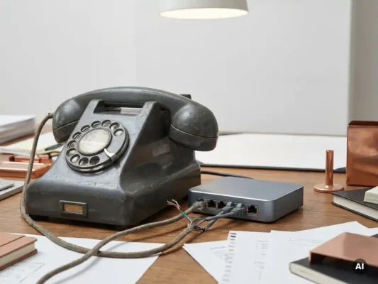 Vintage bureautelefoon met versleten kabel aangesloten op een moderne netwerkswitch op een rommelig bureau.