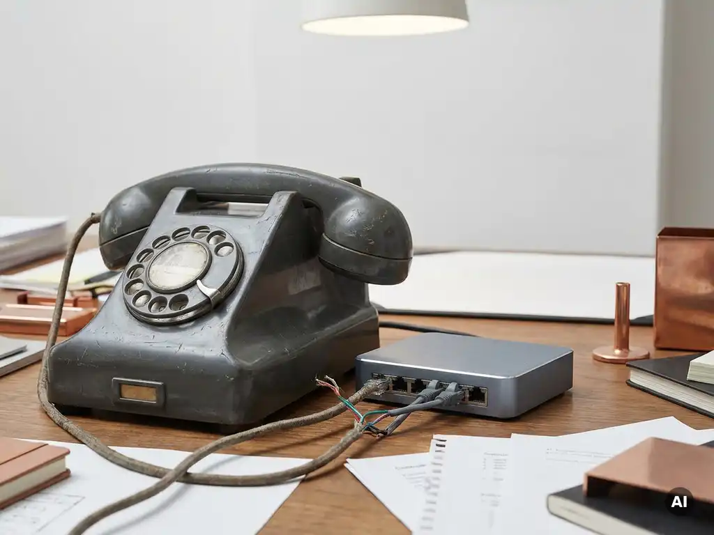 Vintage bureautelefoon met versleten kabel aangesloten op een moderne netwerkswitch op een rommelig bureau.