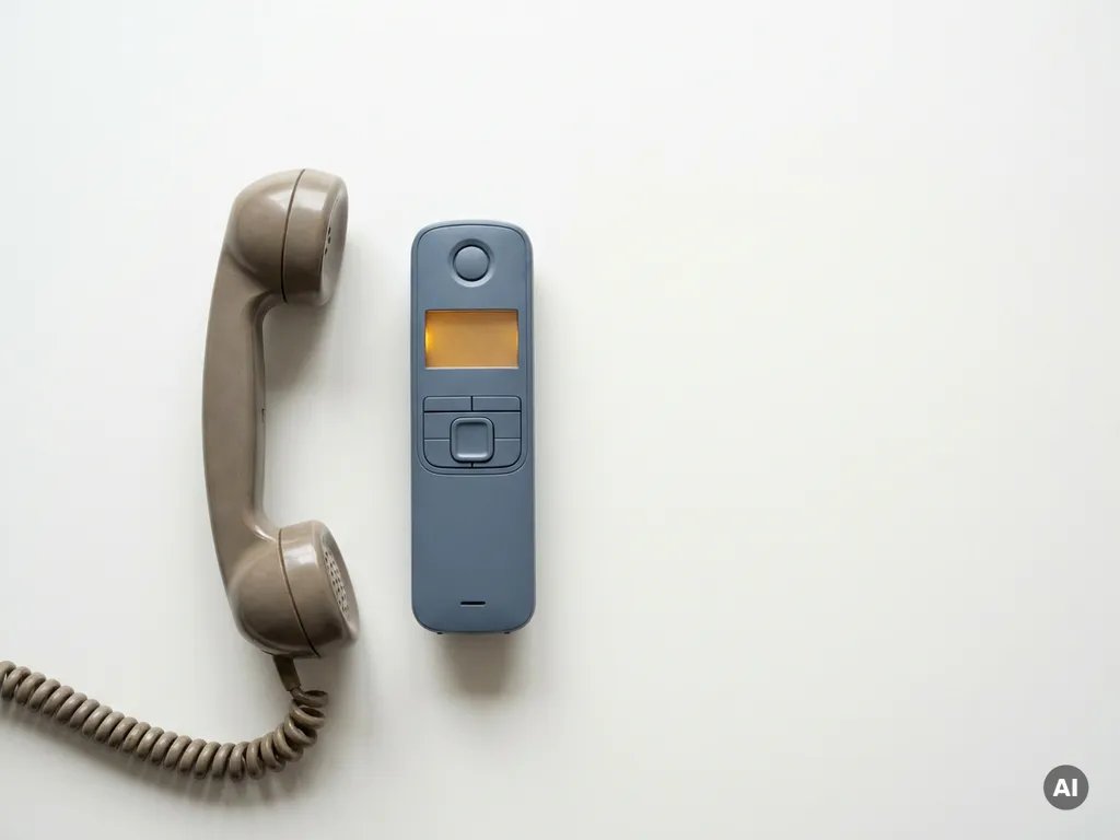 Vintage telefoonhoorn naast moderne DECT-zaktelefoon op wit bureau, contrast tussen analoog en digitaal kantoormateriaal.