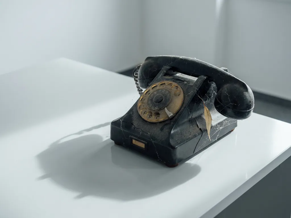 Verouderde gebarsten telefoon met spinnenwebben op modern wit bureau, zachte zijdelingse belichting, minimalistische compositie.